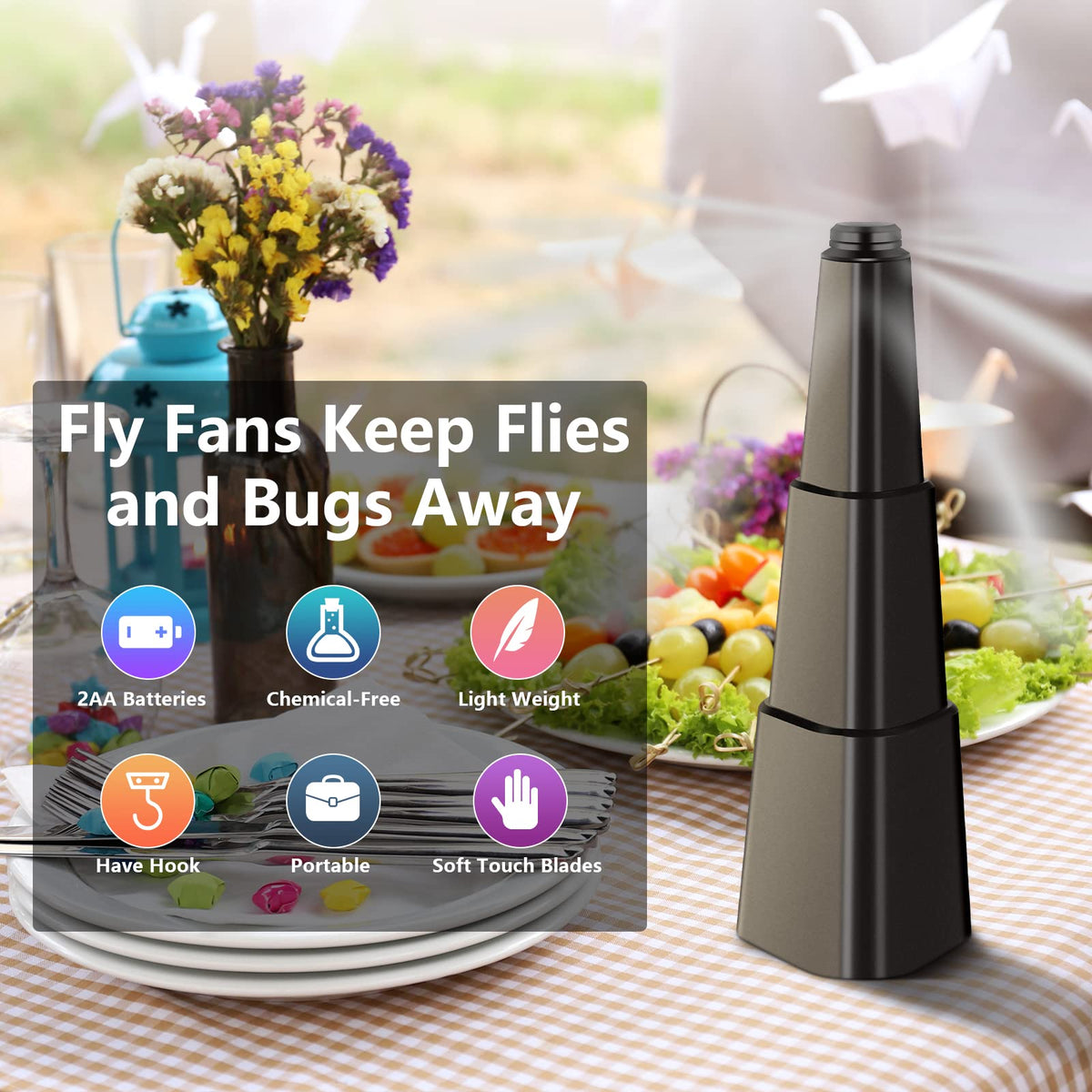 AMIAEDU Fly Fan with holographic blades disrupts flies.