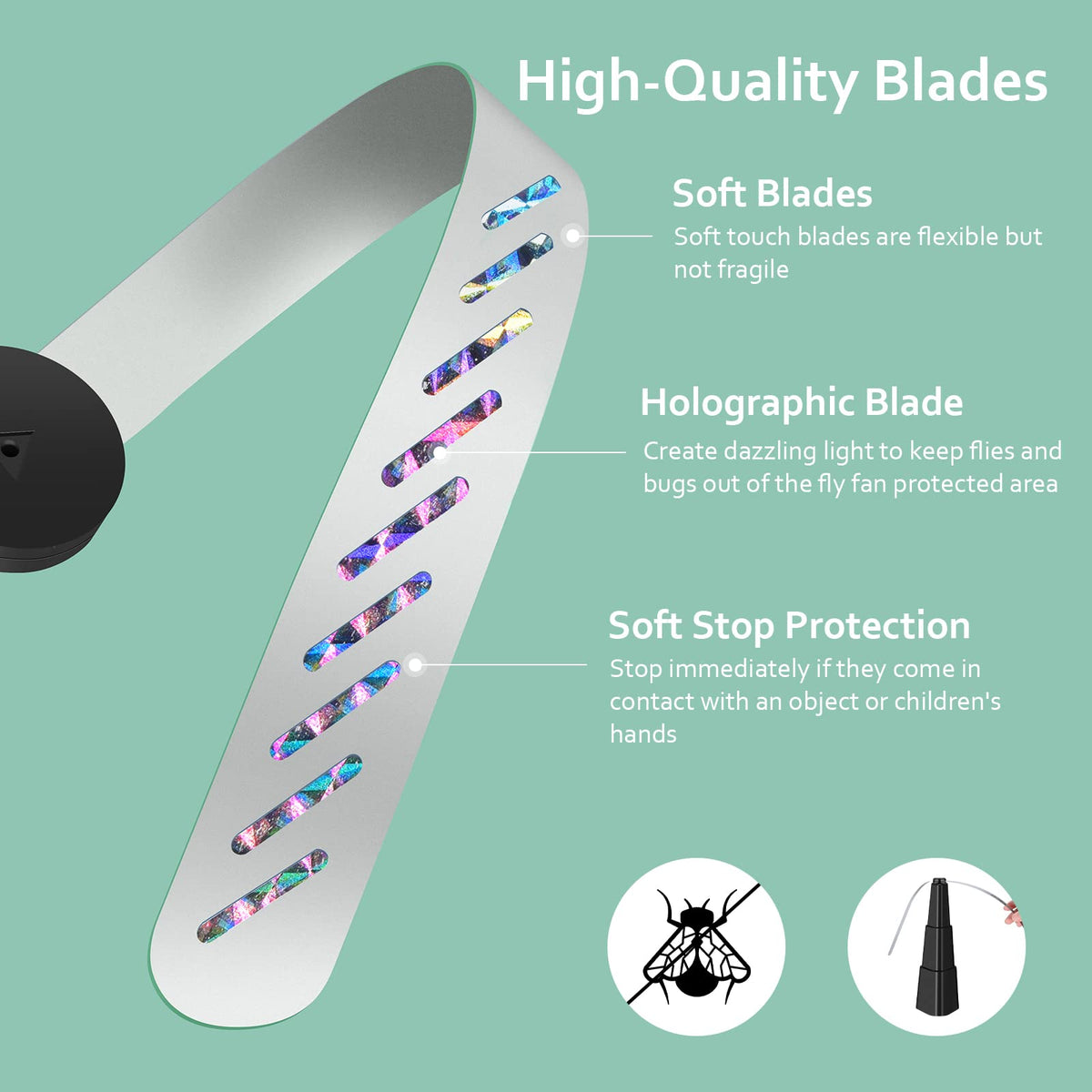 AMIAEDU Fly Fan soft blades stop safely around children.