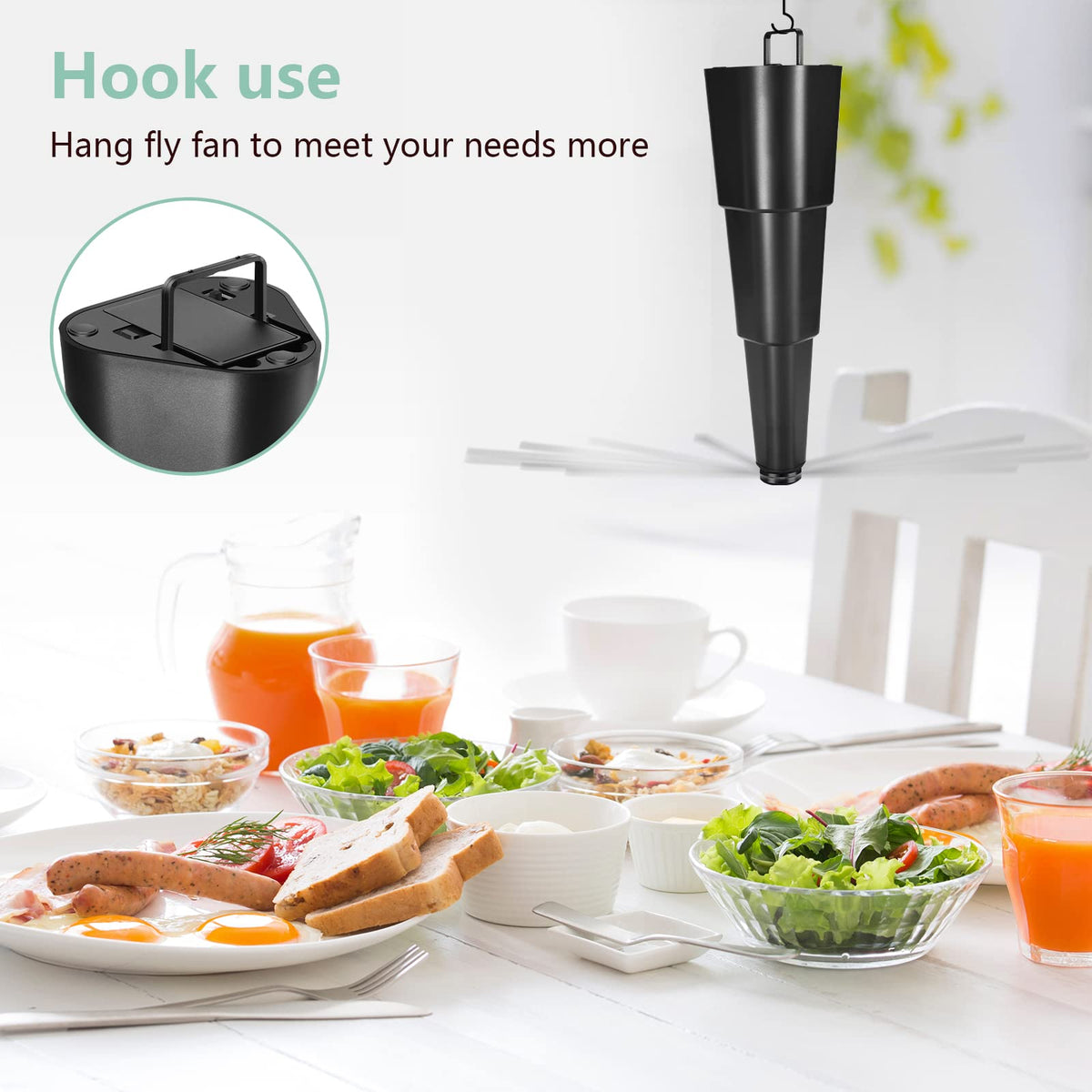 AMIAEDU Fly Fan upright or hanging for flexible use.