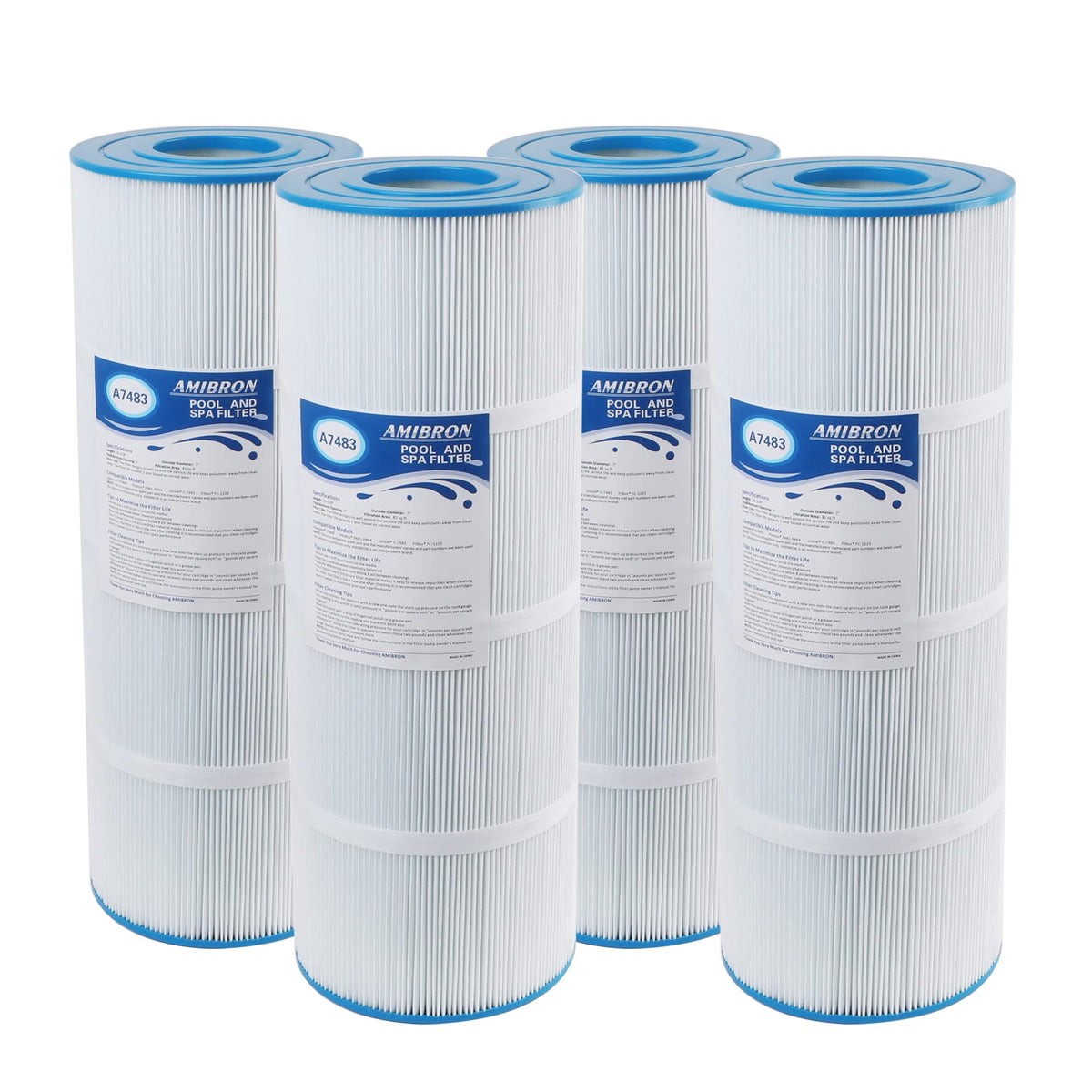 AmiBron C-7483 filter cartridge close-up showing pleated filtration for clear water