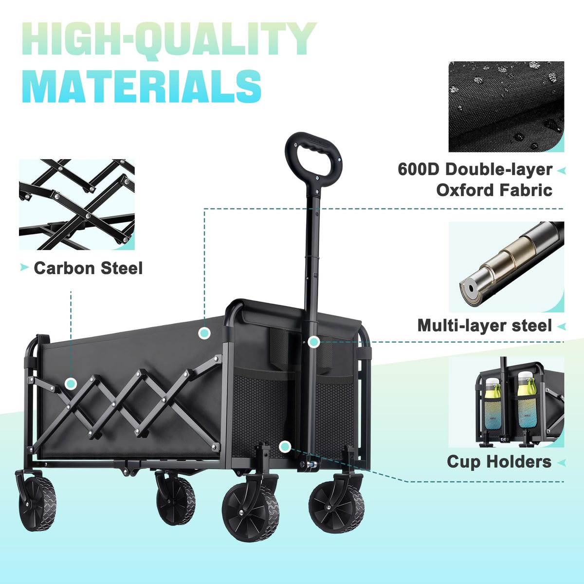 Amkurozo collapsible wagon conquers uneven terrain with all terrain wheels on multiple surfaces.