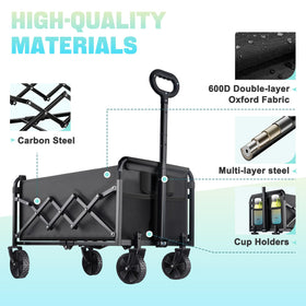 Amkurozo collapsible wagon conquers uneven terrain with all terrain wheels on multiple surfaces.