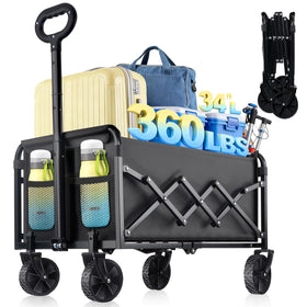 Amkurozo collapsible wagon with extended wheels for smooth all terrain transport.
