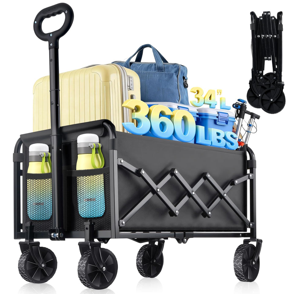Amkurozo collapsible wagon with extended wheels for smooth all terrain transport.