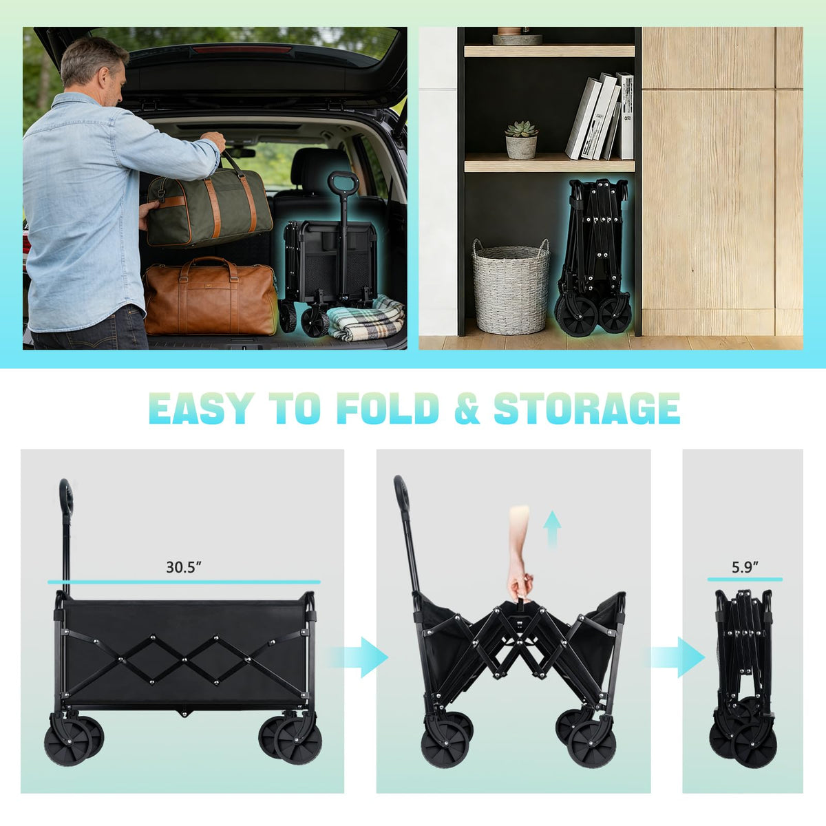 Amkurozo collapsible wagon features one pull folding for tool free setup.