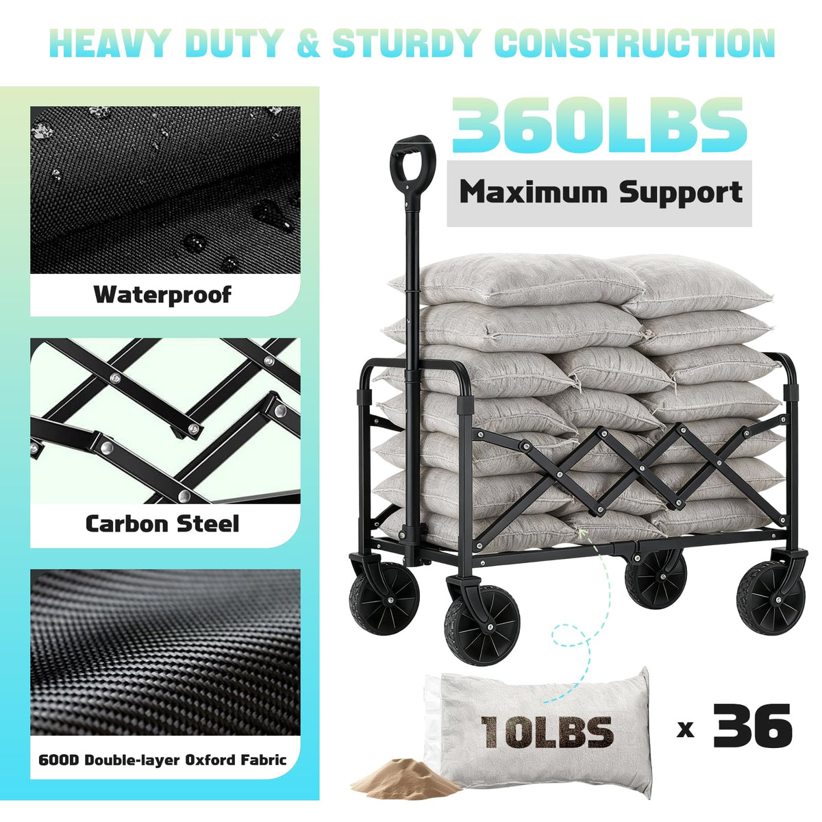 Amkurozo collapsible wagon highlights a safety handle system during unloading.