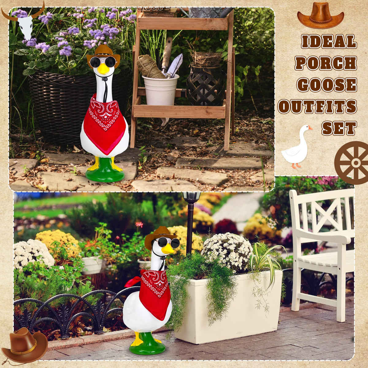 Amlisia western-themed goose display suitable for yards and patios.
