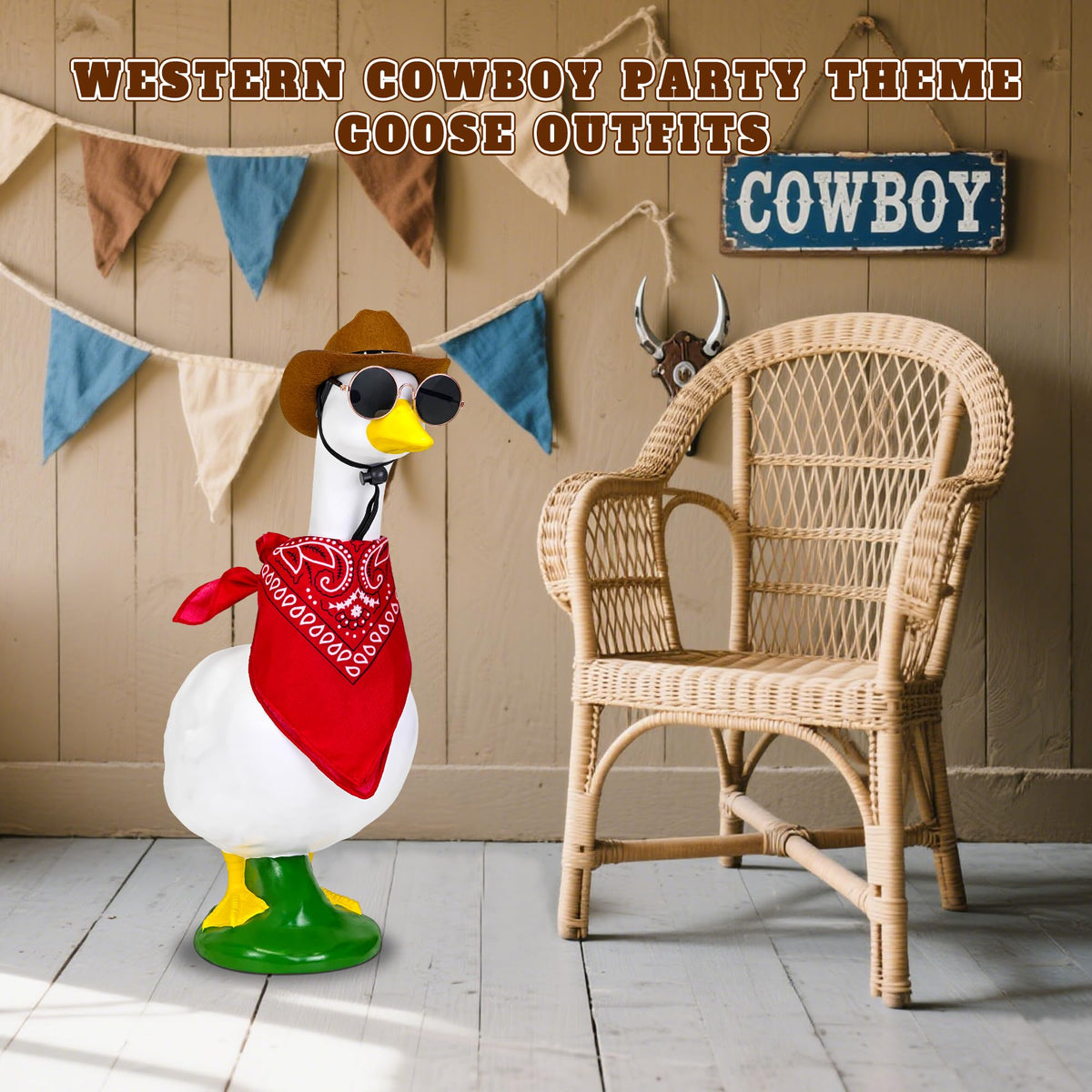 Amlisia cement goose decor with cowboy outfit brightens garden space.