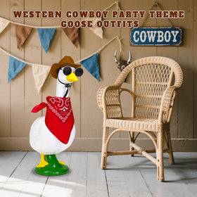 Amlisia cement goose decor with cowboy outfit brightens garden space.