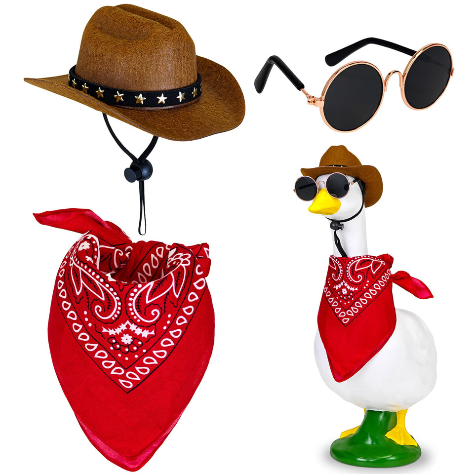 Amlisia Western cowboy goose hat on statue adds playful garden charm.