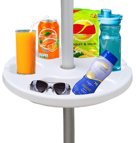 AMMSUN 13-inch white umbrella table tray attached to a beach pole for organized snacks.