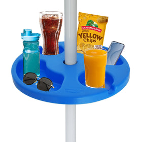 AMMSUN 13-inch blue umbrella table attached to a pole for easy drink access at the beach