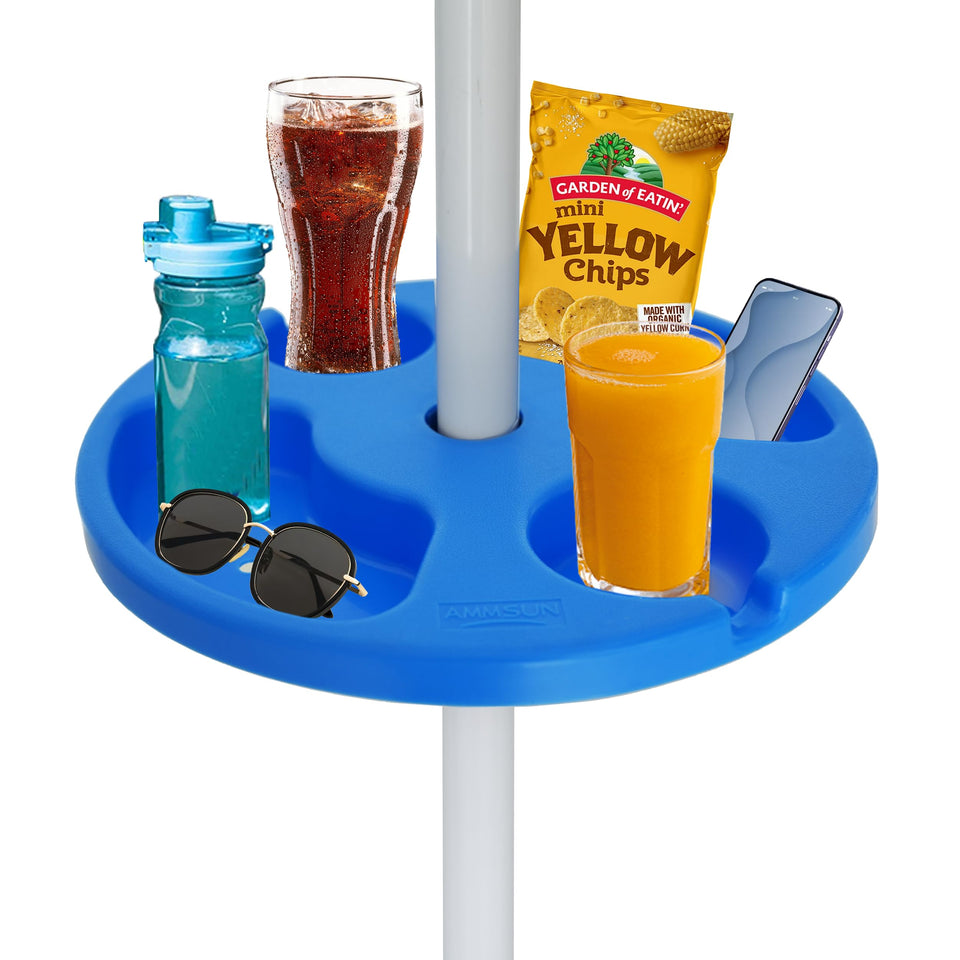 AMMSUN 13-inch blue umbrella table attached to a pole for easy drink access at the beach