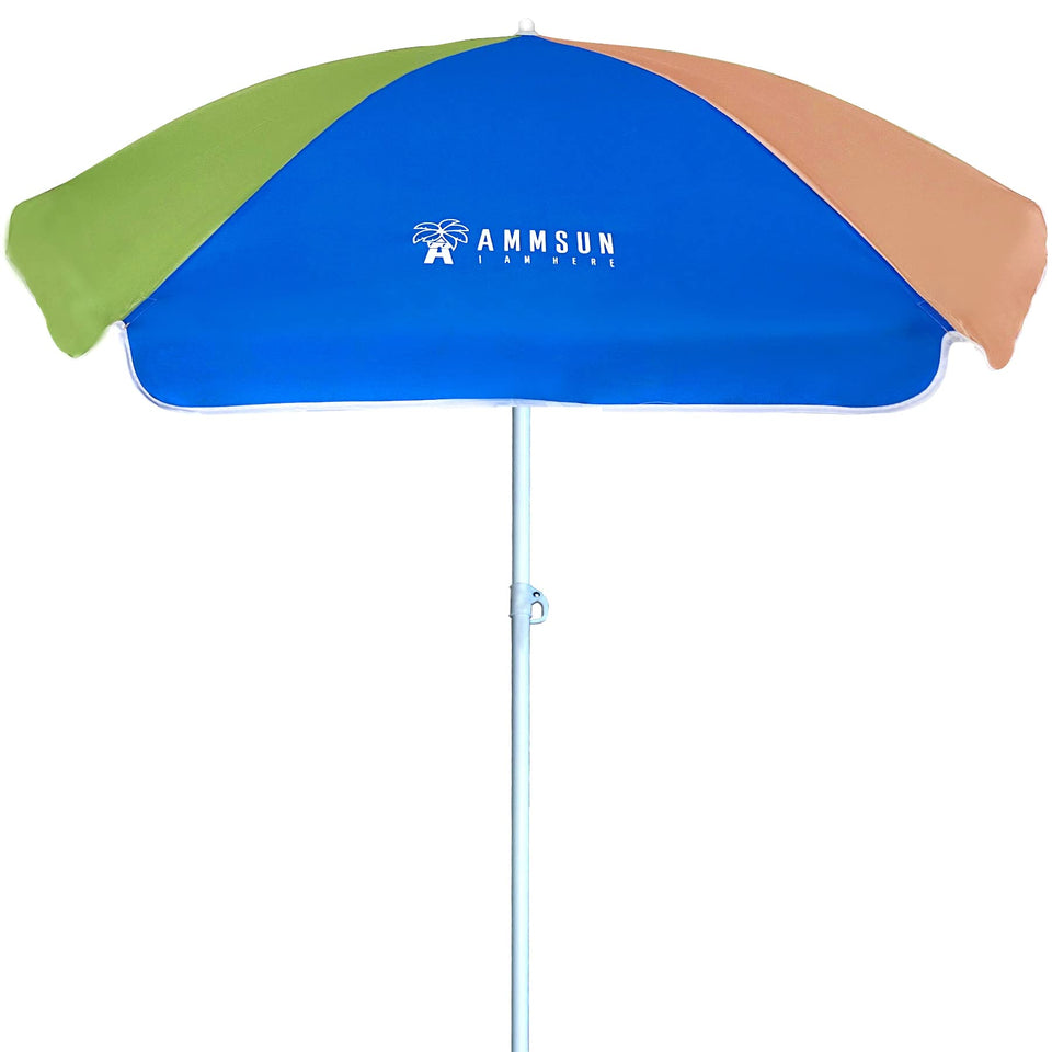AMMSUN 5ft seaside beach umbrella over sand table providing shade.