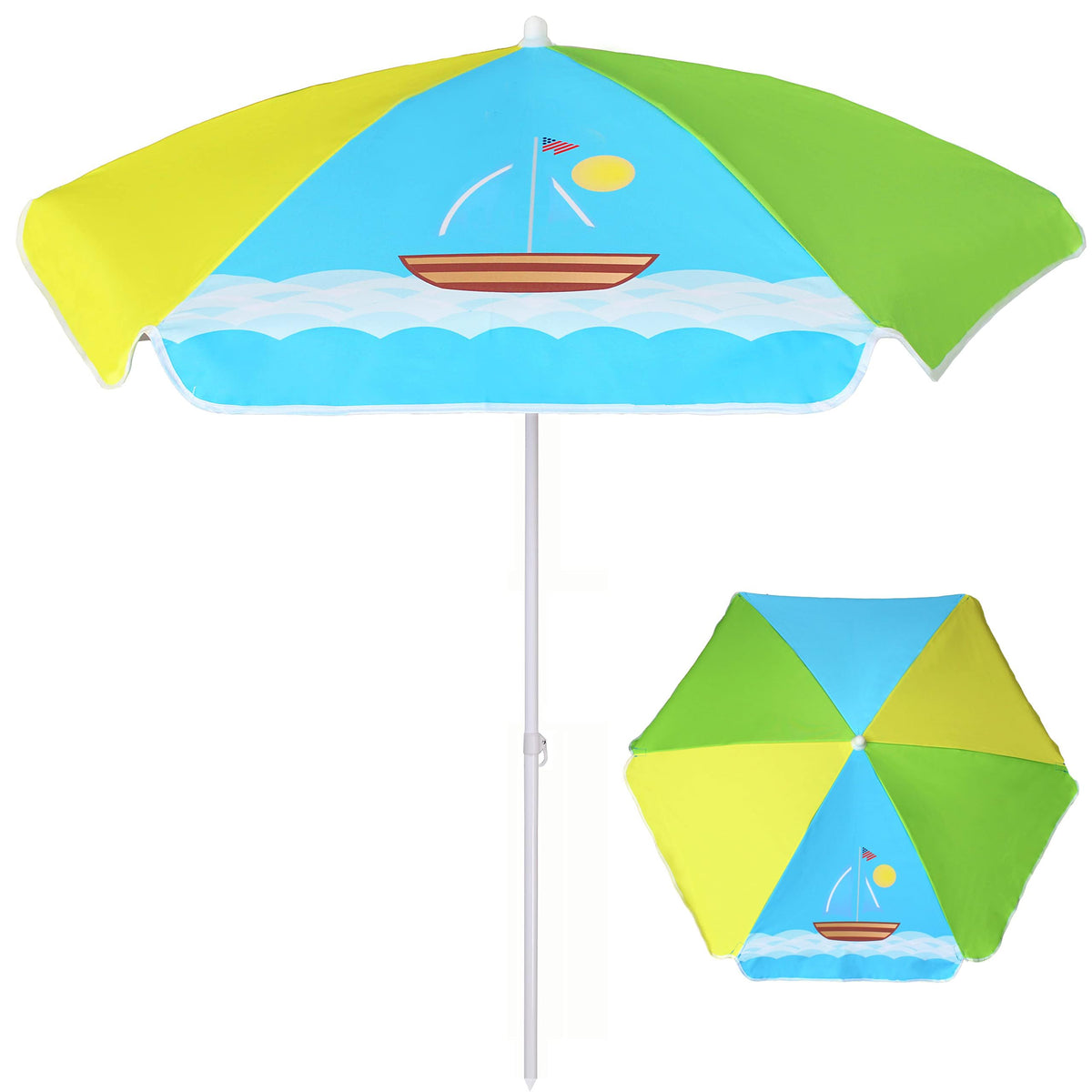 AMMSUN 5ft seaside umbrella canopy shading kids during outdoor play.