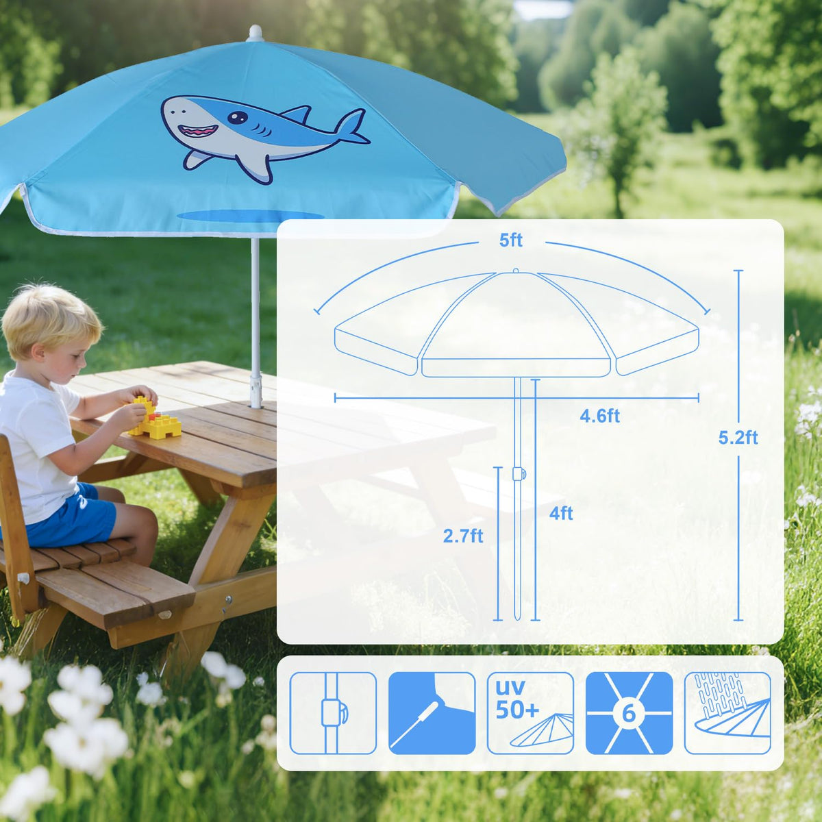 Pointed bottom peg anchors the umbrella in sand for stability