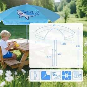 Pointed bottom peg anchors the umbrella in sand for stability