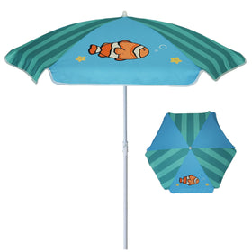 AMMSUN 5ft seaside umbrella over sand table provides shade for outdoor play.