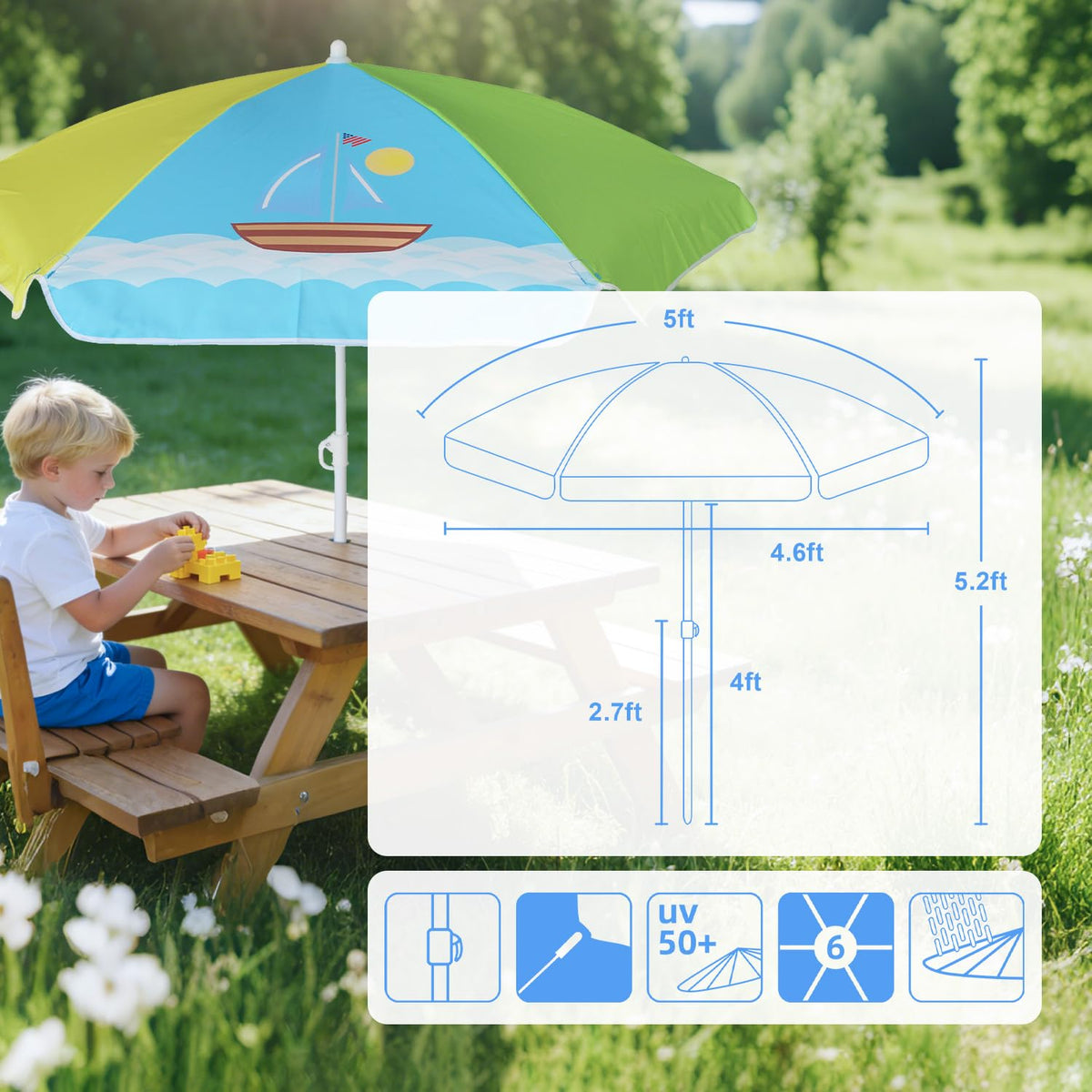 Bright green and yellow boat-style umbrella ideal for beach and sandbox.