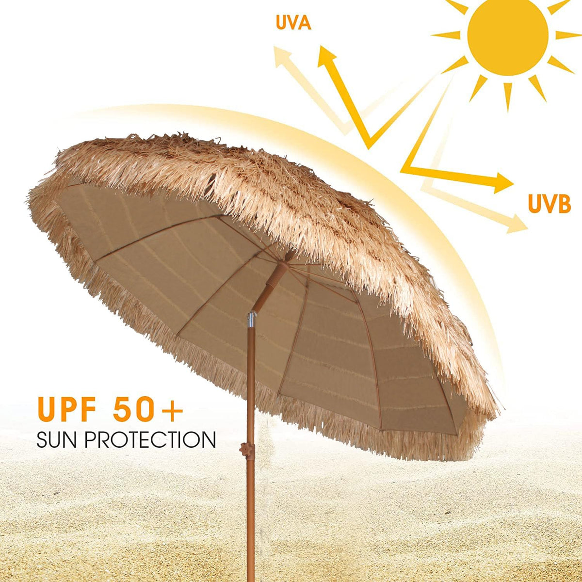AMMSUN 7.5ft hula thatched tiki umbrella tilt mechanism enables adjustable shade