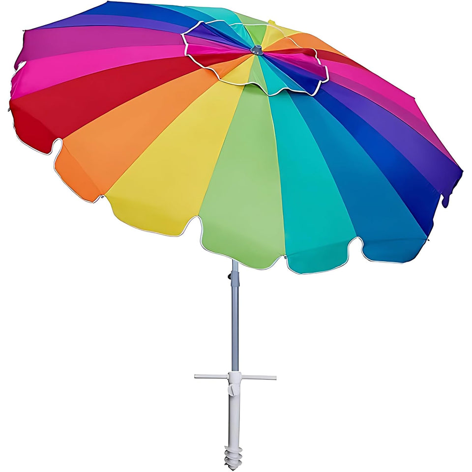 AMMSUN 7.5ft rainbow beach umbrella demonstrates stability in breezy conditions