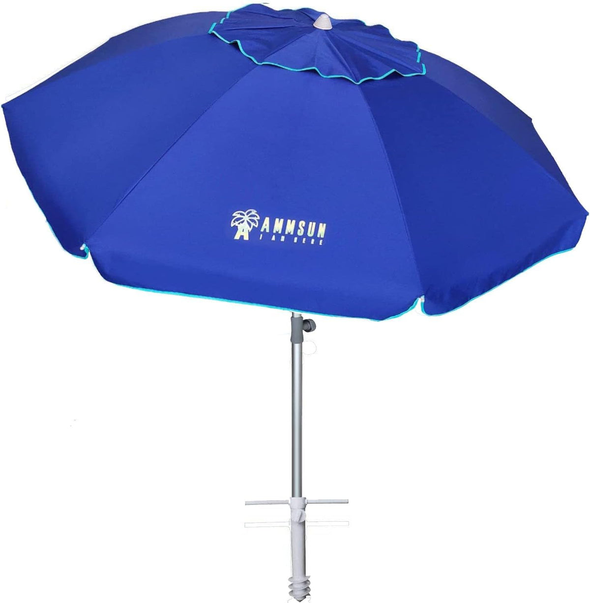 AMMSUN 7ft beach umbrella with sand anchor for stable shade at windy beaches.