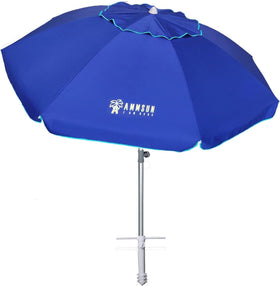 AMMSUN 7ft beach umbrella with sand anchor for stable shade at windy beaches.
