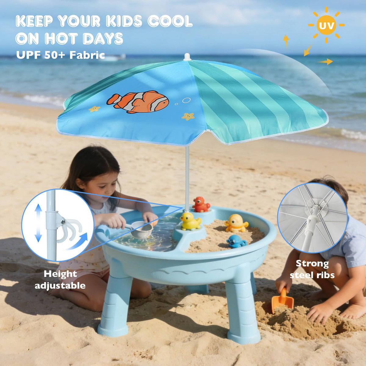 AMMSUN seaside umbrella shaded beach table ideal for picnics.