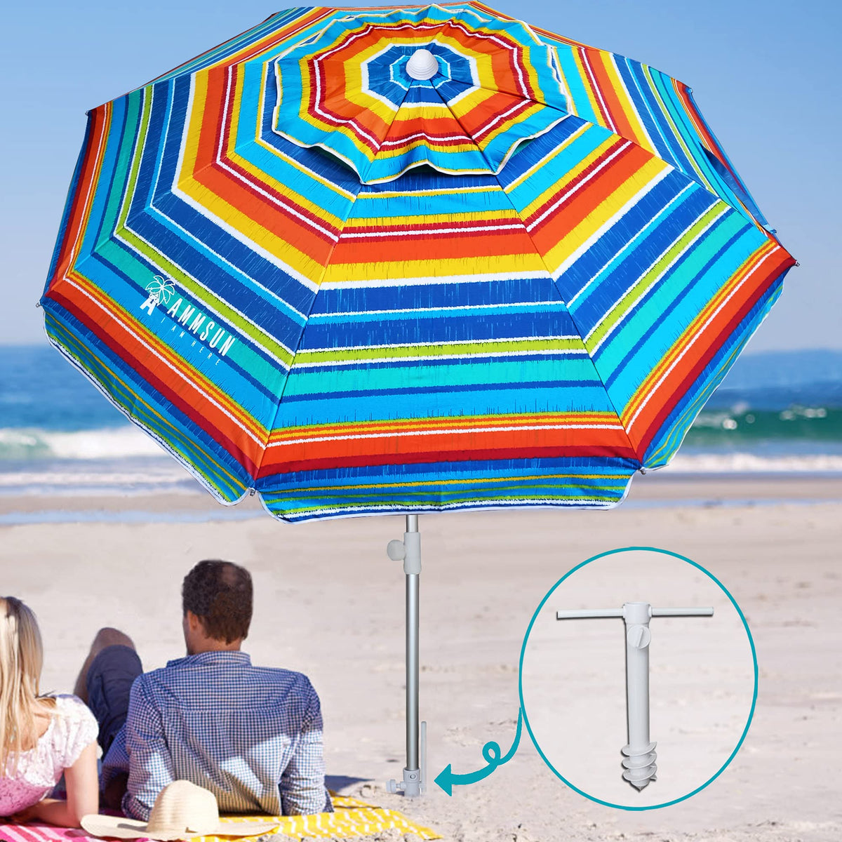 AMMSUN beach umbrella with silver interior provides UPF50+ sun protection.