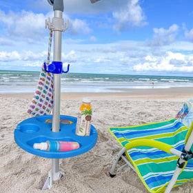 AMMSUN beach umbrella table featuring cup holders and snack trays keeps essentials organized by the pool