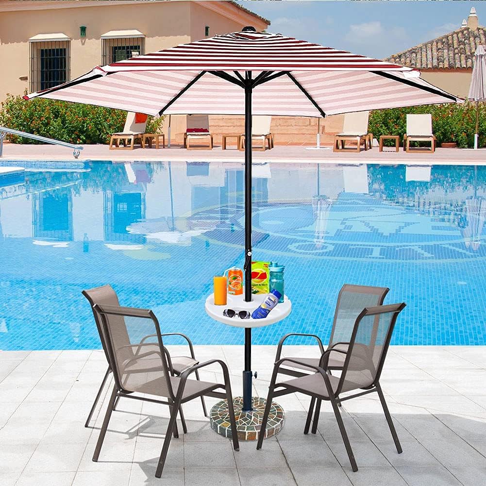 AMMSUN tray installed on a beach umbrella pole for hands-free convenience.