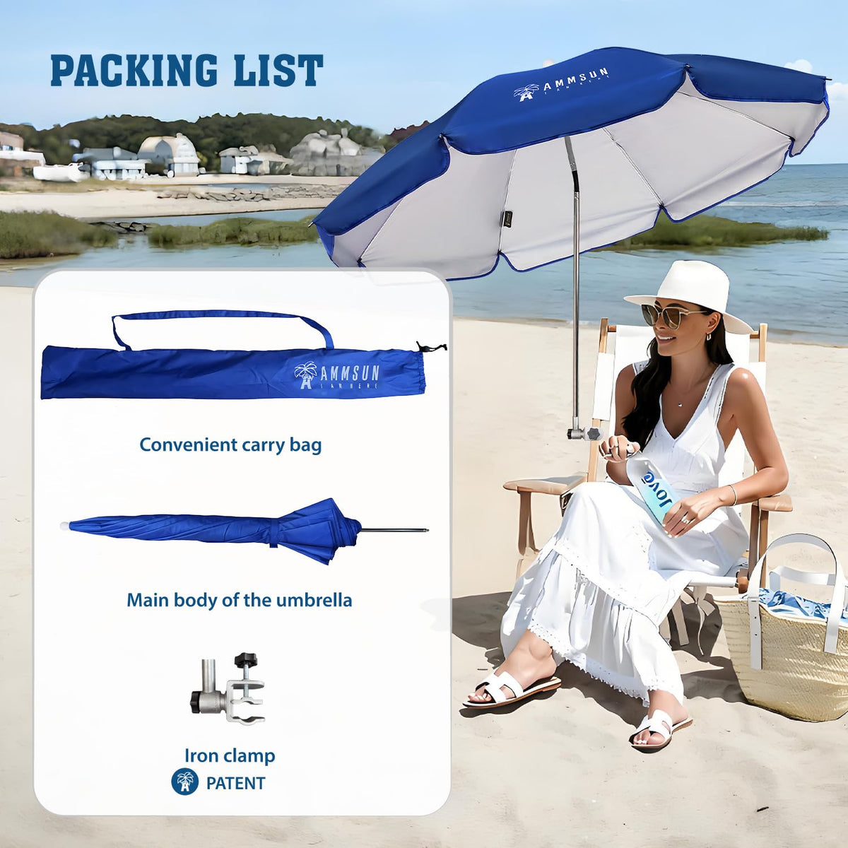AMMSUN clip-on shade for strollers, chairs, and wheelchairs in blue