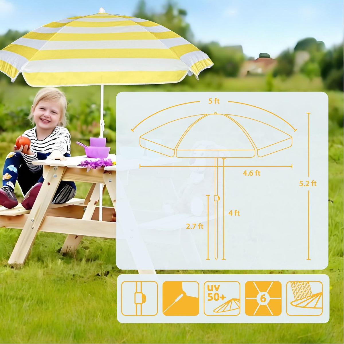 AMMSUN fits most kids' water tables and picnic tables.
