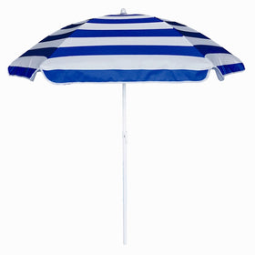 AMMSUN 5ft seaside umbrella with blue-white canopy shading a kid's outdoor play table.
