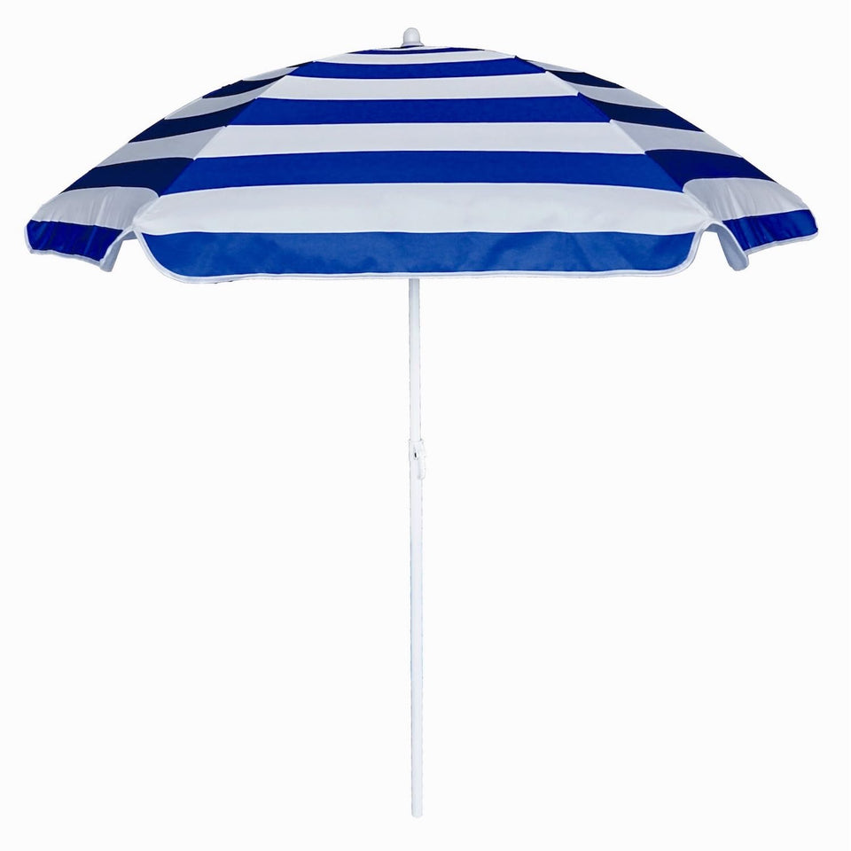 AMMSUN 5ft seaside umbrella with blue-white canopy shading a kid's outdoor play table.
