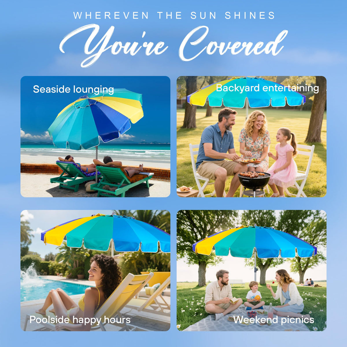 AMMSUN silver-coated fabric blocks strong sun for cooler shade.