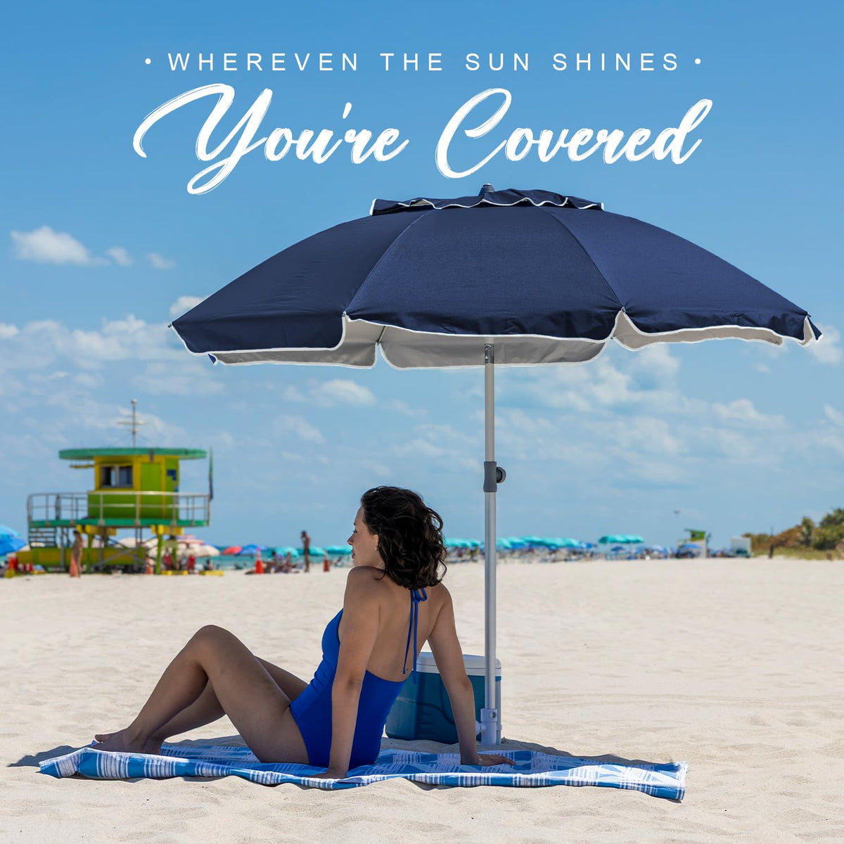 AMMSUN umbrella with silver coating blocks UV and resists water.