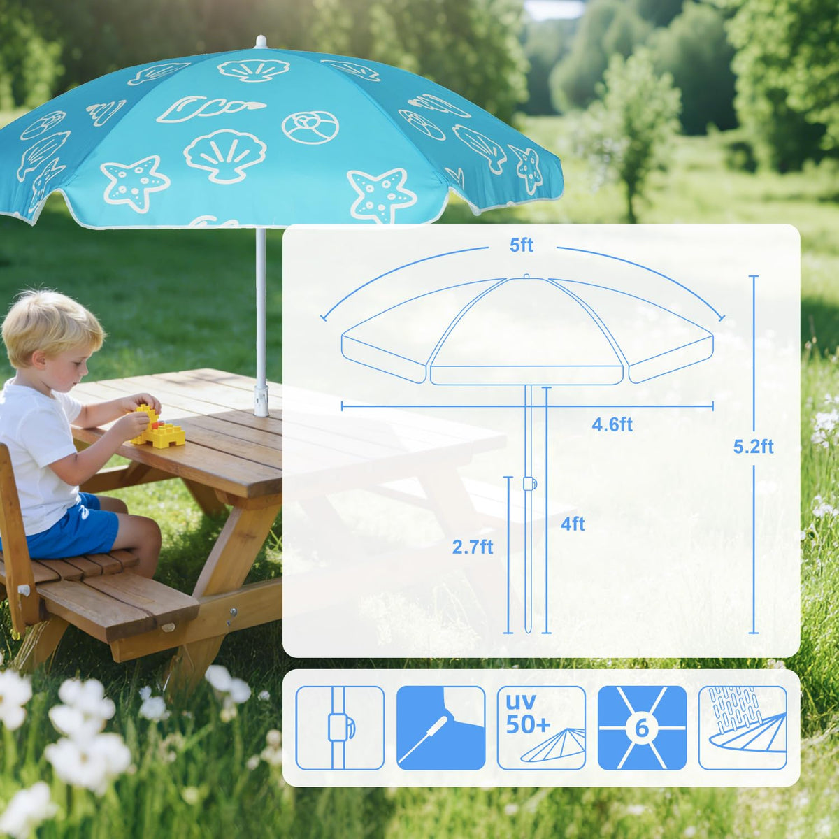AMMSUN umbrella over water table for shaded outdoor activities.