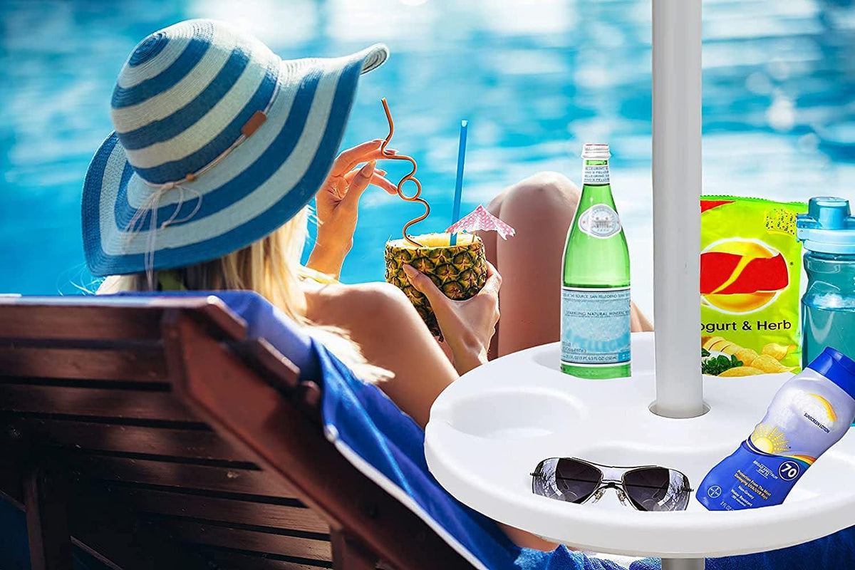AMMSUN umbrella table tray with cup holders keeps drinks steady by the pool.