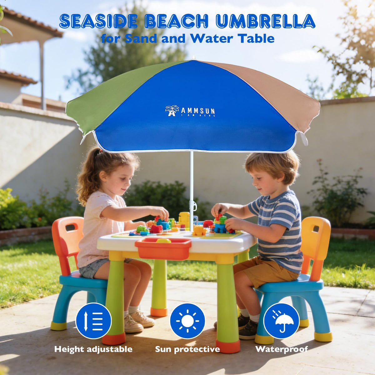 AMMSUN UPF 50+ sun protection for kids under the umbrella.