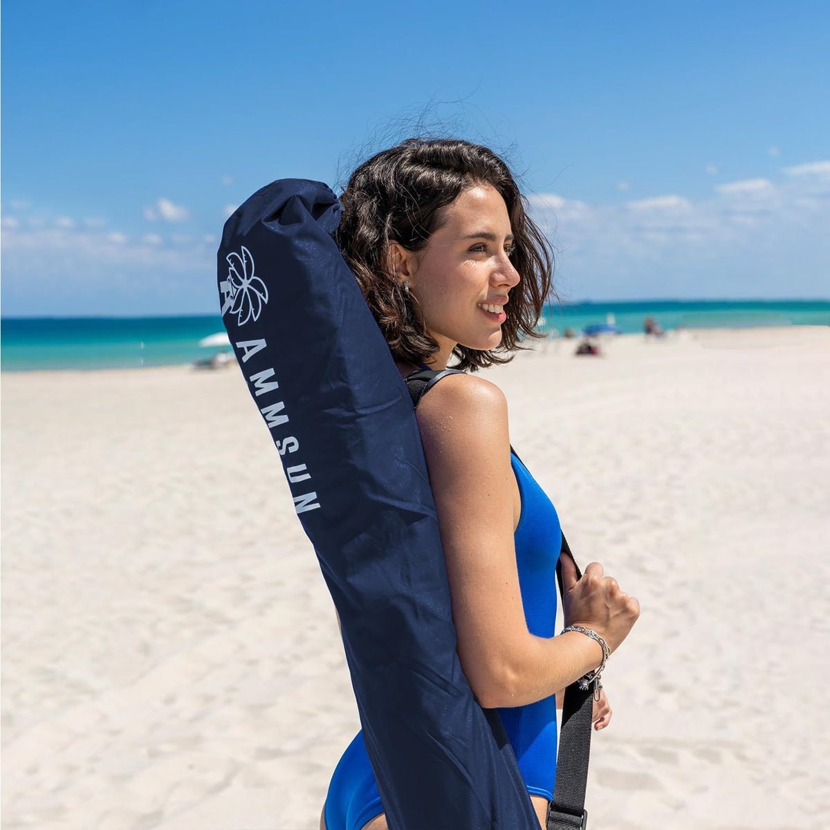 Rugged aluminum pole and fiberglass ribs withstand gusts.