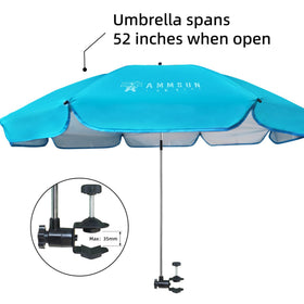 AMMSUN XL Chair Umbrella universal clamp fits surfaces up to 1.38 inches thick.