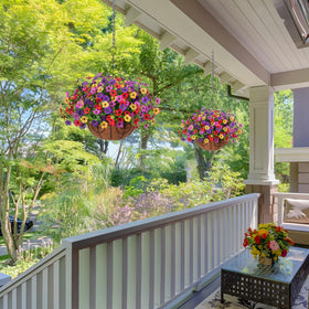 Ammyoo outdoor garden display with faux daisies on a fence