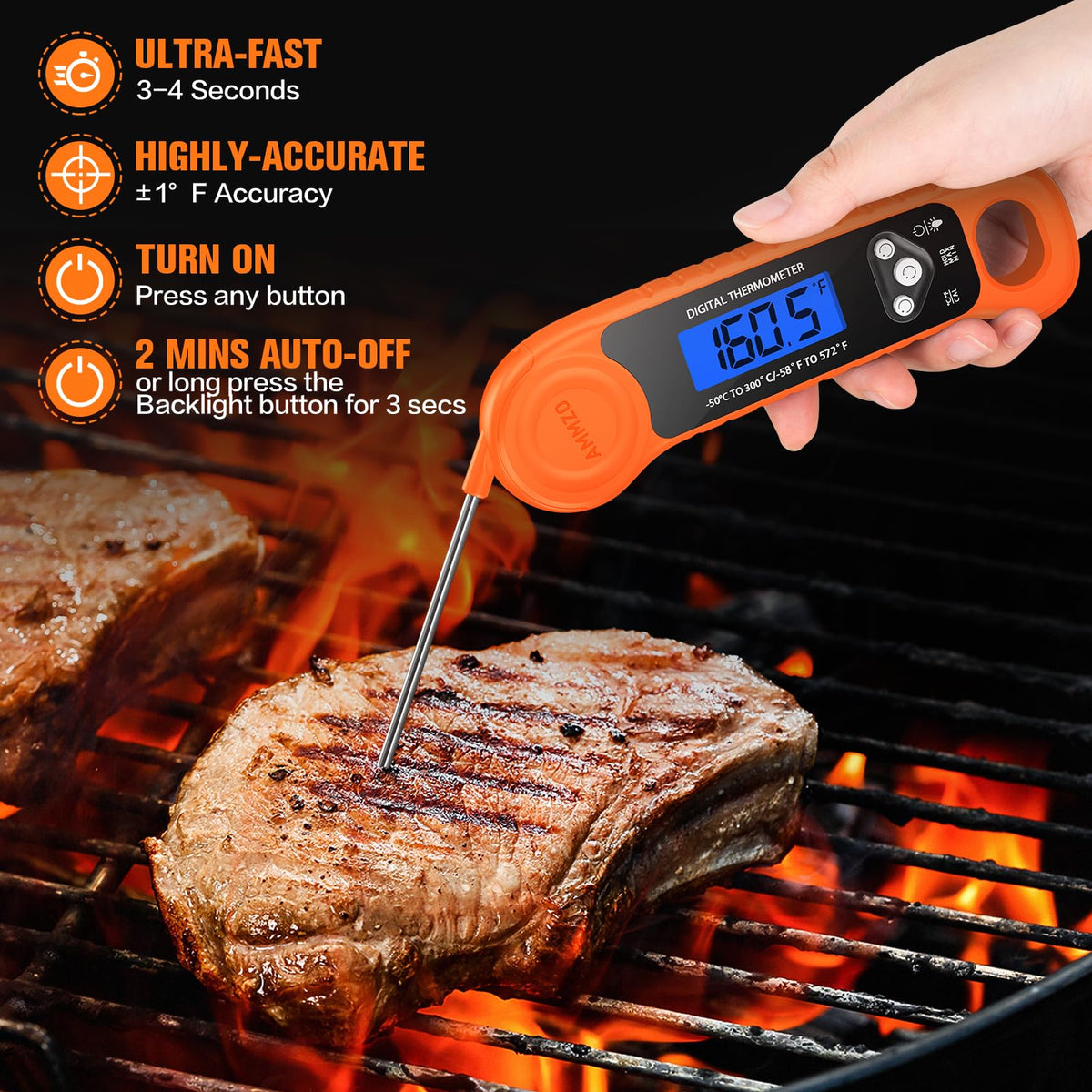 AMMZO thermometer with large backlit display for easy reading