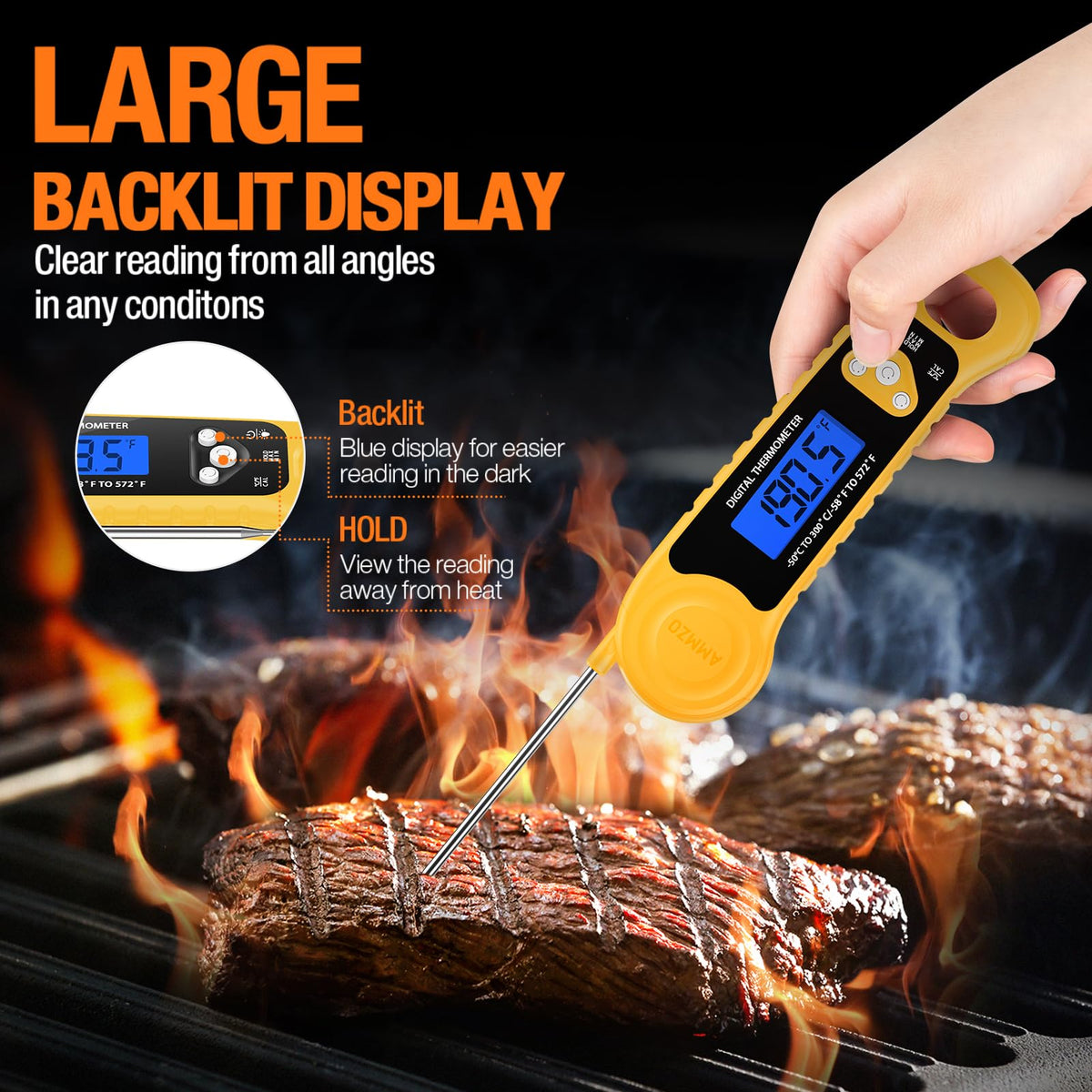 AMMZO Backlit display thermometer reading in dim light for clear visibility