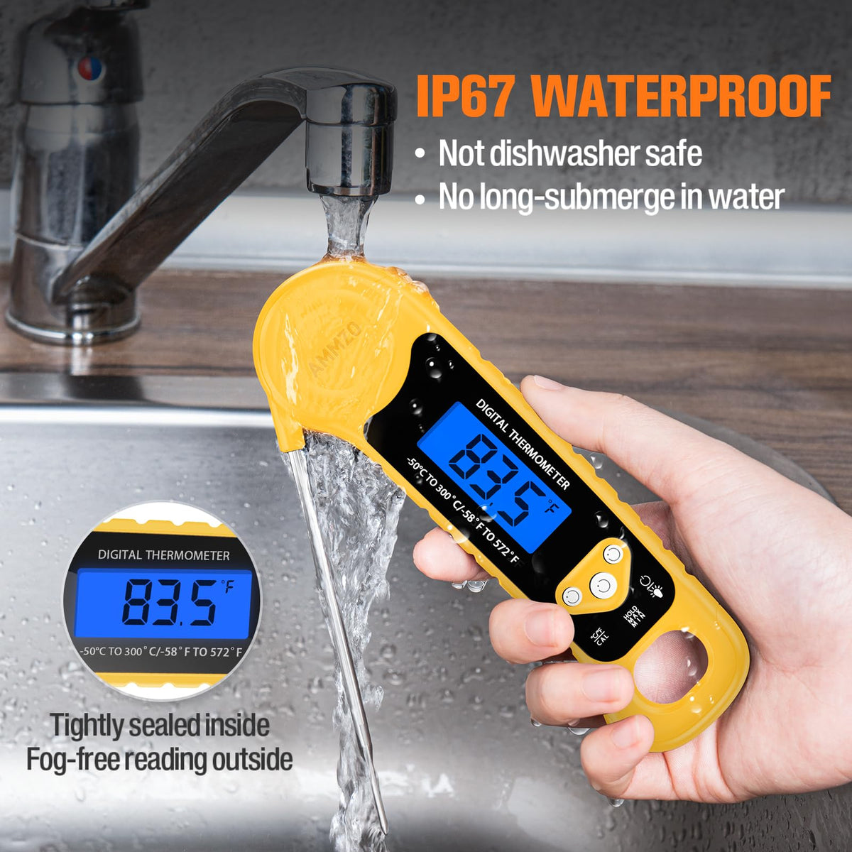 AMMZO Retractable Probe thermometer for safe handling and compact storage