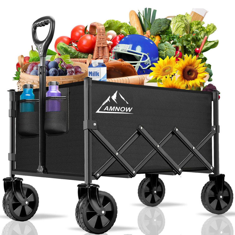 AMNOW collapsible wagon expanded-dimensions showing generous cargo space for outdoor gear.