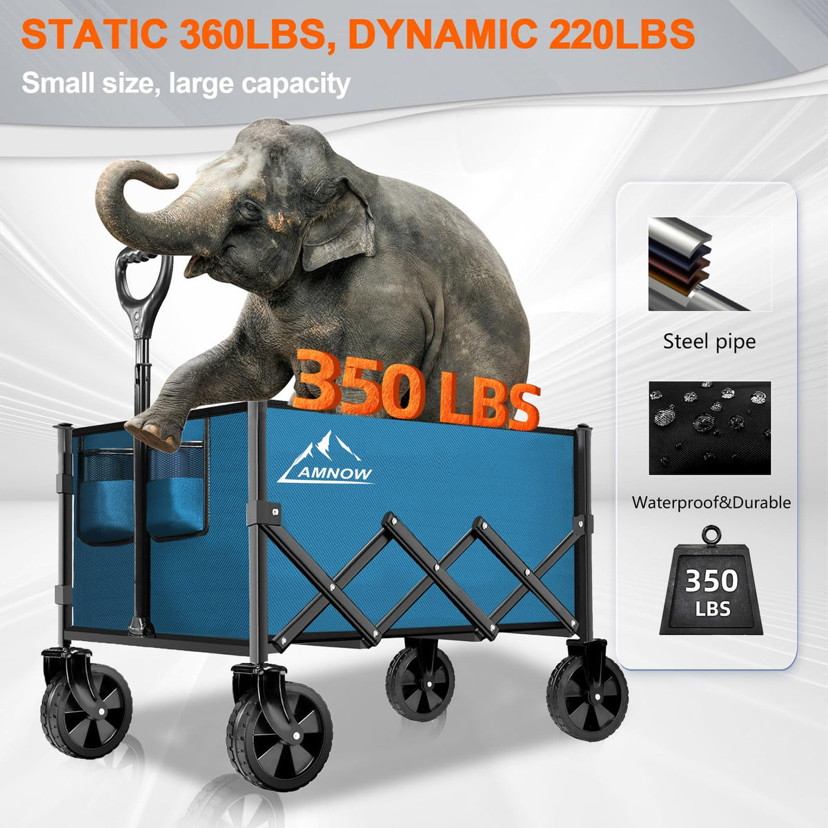 AMNOW all-terrain wheels enable versatile outdoor use.