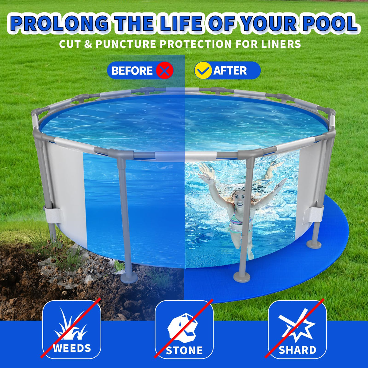 Amortherapie pool liner pad on concrete demonstrates a flat, cushioned base.