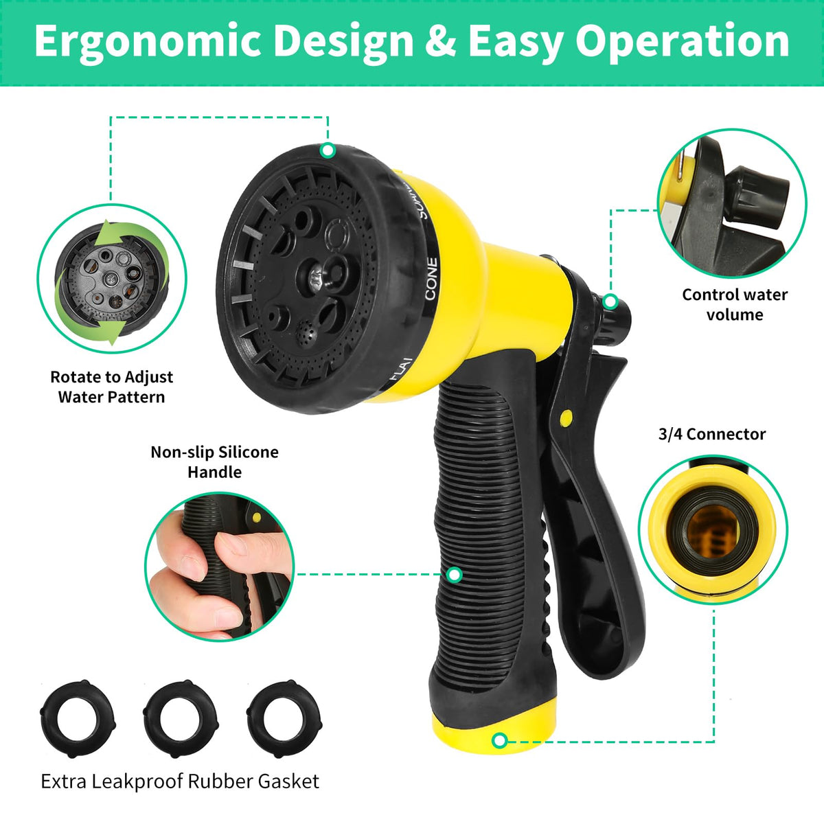 AMOOX 10-function nozzle offering versatile spray options for lawns and cars.